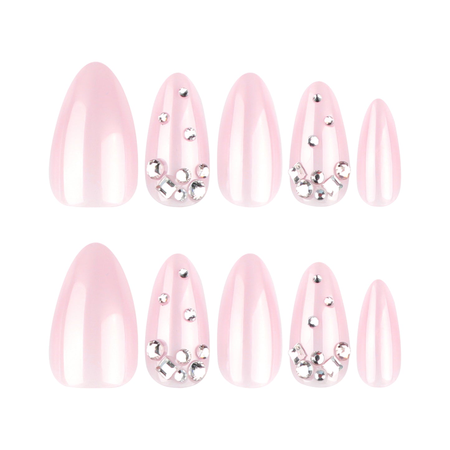 Elegant Blossom Pink Medium Almond Shape Press-On Nail Set with Shimmering Gemstone Accents