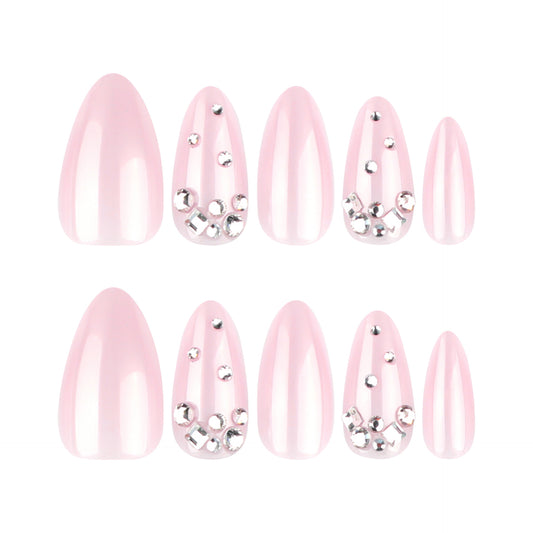 Elegant Blossom Pink Medium Almond Shape Press-On Nail Set with Shimmering Gemstone Accents