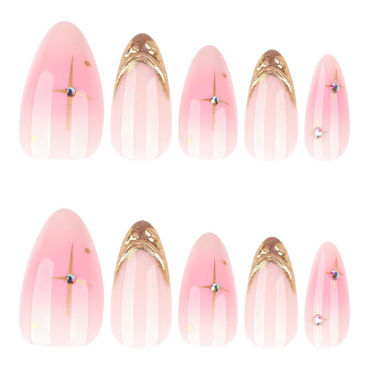 Magical Blossom Charming Medium Almond Shaped Soft Pink Press On Nail Set with Dazzling Gold Accents and Glittering Rhinestones
