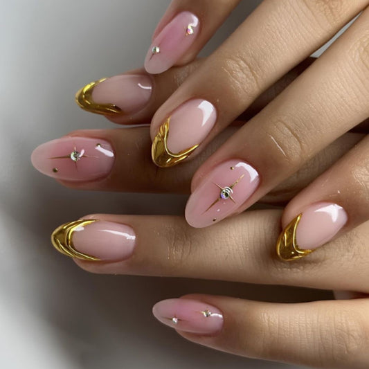 Elegant Dreamscape Short Almond Pink with Gold Accents and Sparkling Gems Press On Nail Set