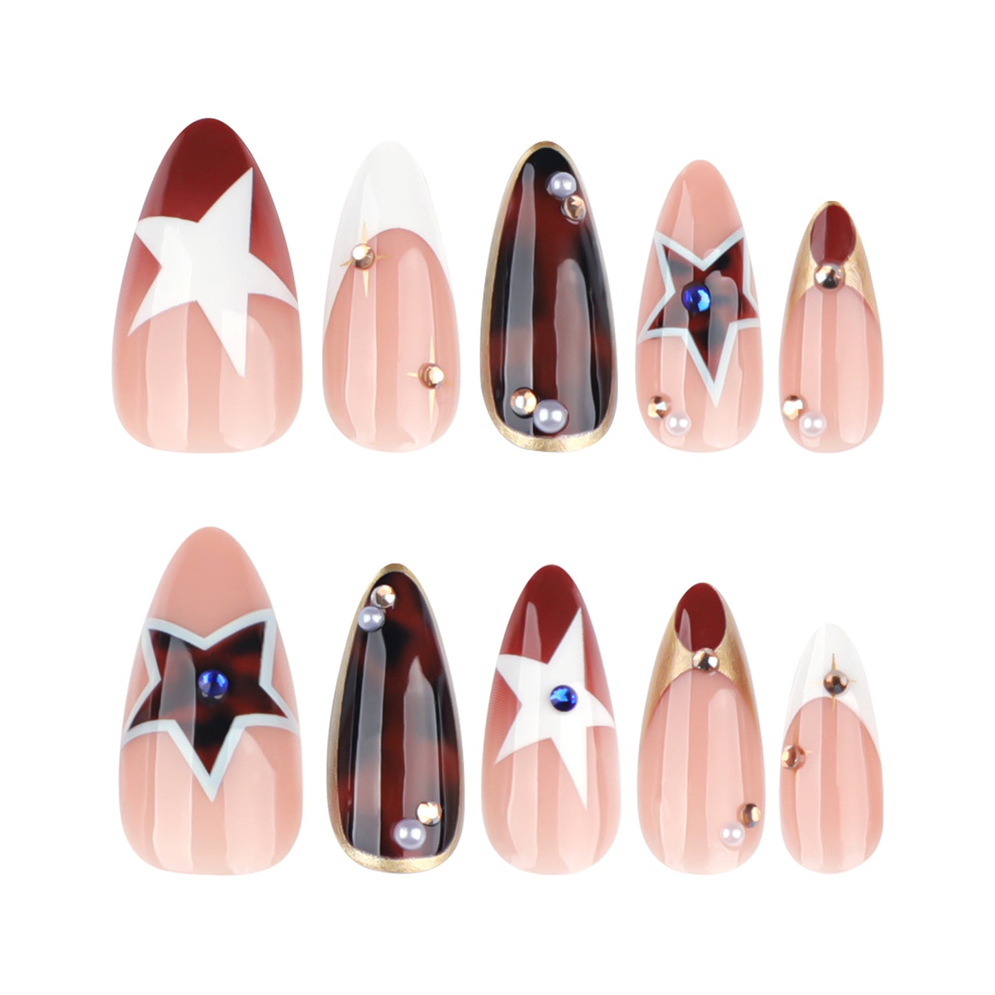 Celestial Chic Long Almond Burgundy and Peach Press-On Nail Set with Stunning Star Accents