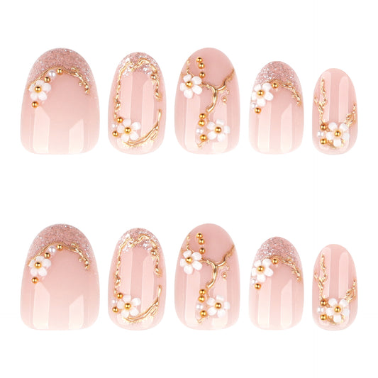 Blossom Garden Short Round Pink Press-On Nail Set with Elegant Floral Accents
