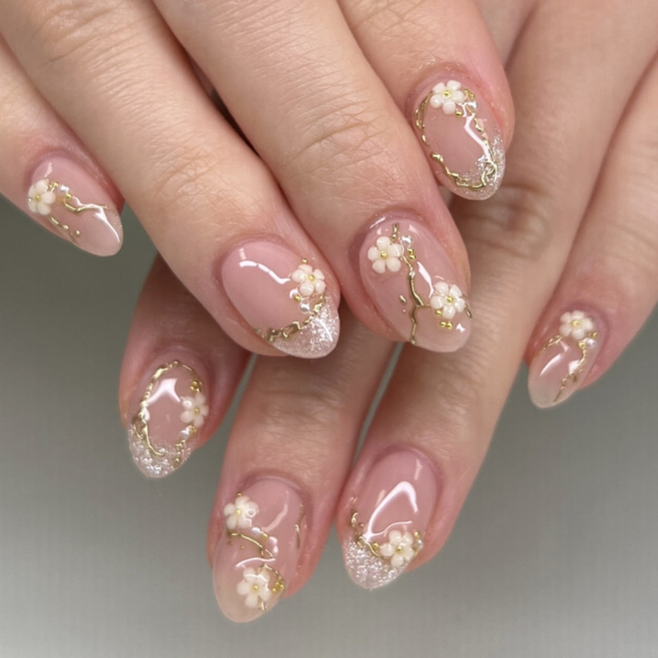 Whimsical Garden Chic Short Round Shaped Blush Pink Press On Nail Set with Delicate Floral Accents and Gold Detailing