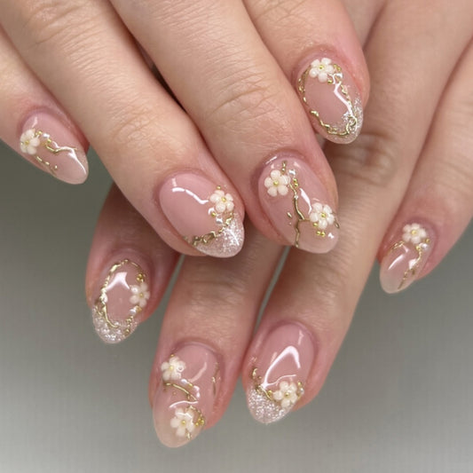 Whimsical Garden Chic Short Round Shaped Blush Pink Press On Nail Set with Delicate Floral Accents and Gold Detailing