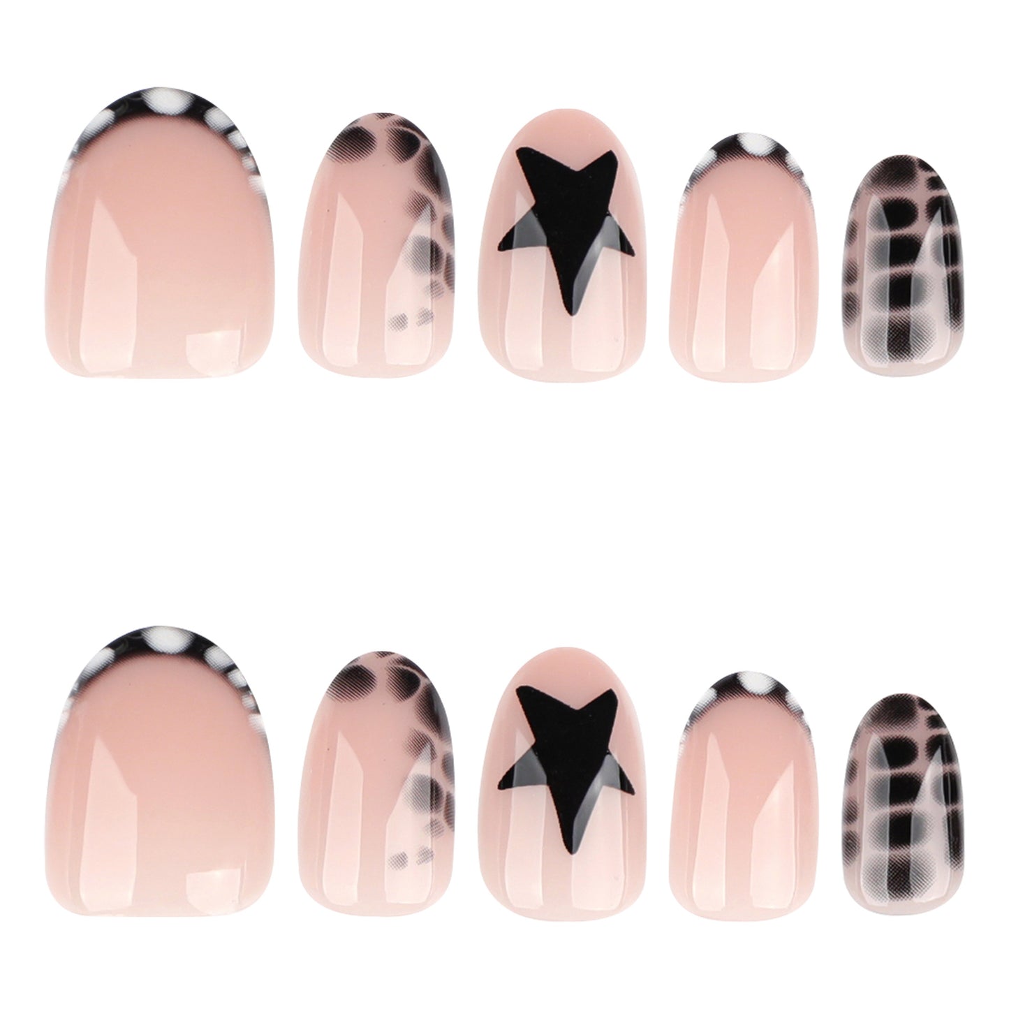 Cosmic Dreams Artistic Short Oval Peachy Nails with Star and Leopard Design