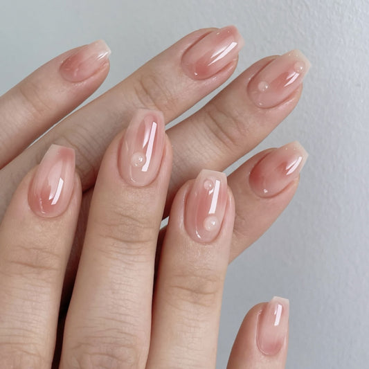 Elegant Garden Medium Coffin Blush Pink Glossy Nails with Charming Pearl Accents