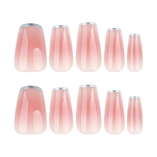 Blushing Blossom Elegant Medium Coffin Shaped Soft Pink Press On Nail Set with Silver Tips