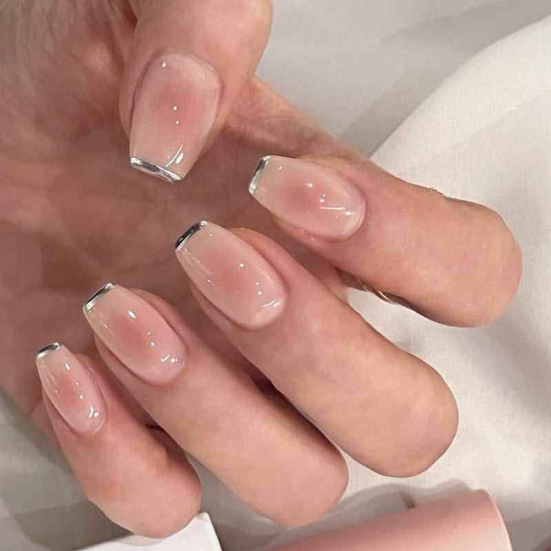 Glamorous Serenity Medium Coffin Tips Natural Pink with Stylish Silver Outline Press-On Nail Set