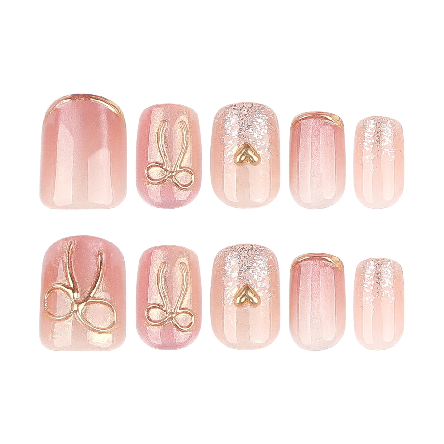 Charming Blossom Short Square Pink Press-On Nail Set with Glitter and Heart Design
