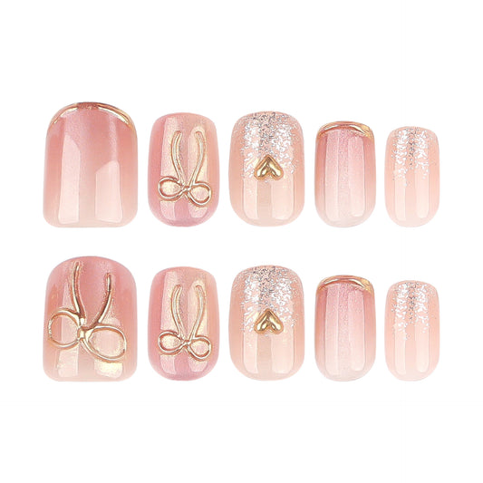 Charming Blossom Short Square Pink Press-On Nail Set with Glitter and Heart Design