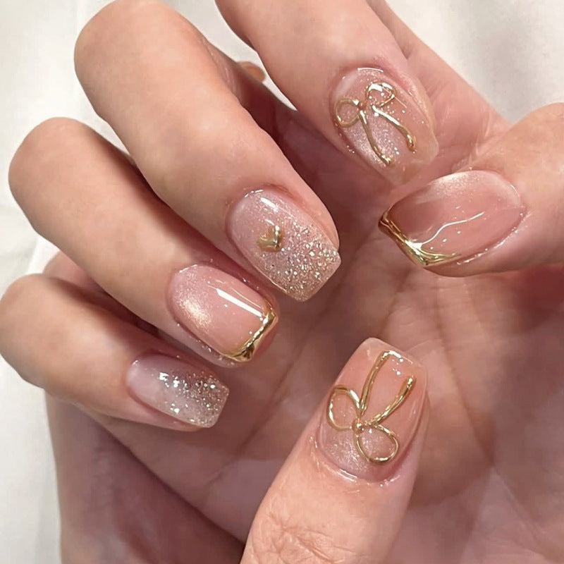 Chic Elegance Short Square Pink with Glitter and Dazzling Gold Accents Press on Nail Set