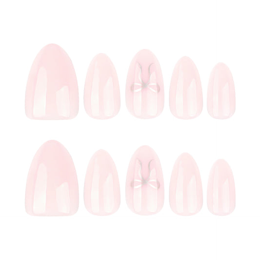 Charming Enchantment Medium Almond Shape Soft Pink Color with Elegant Bow Detail Press On Nail Set