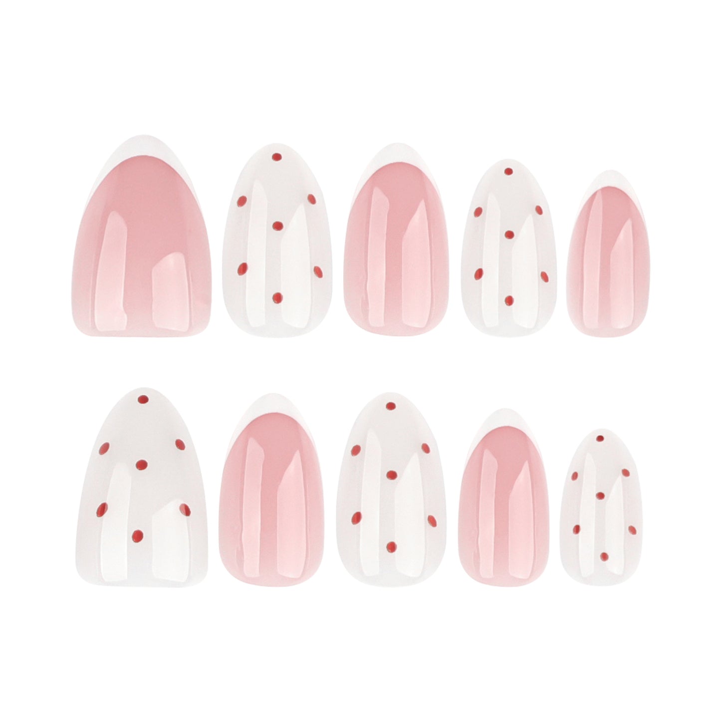 Sweet Cherry Blossom Pink Medium Almond Shaped Press On Nail Set with Playful Dots and Elegant Stripes