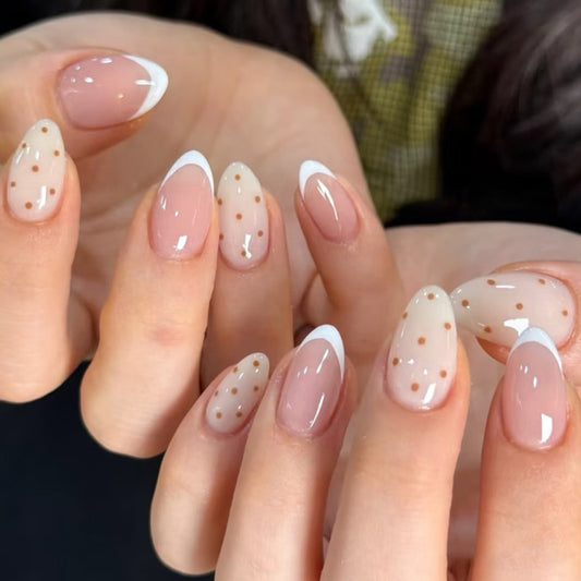 Chic Elegance Medium Almond Shaped Beige and White Press On Nail Set with Dotted Design
