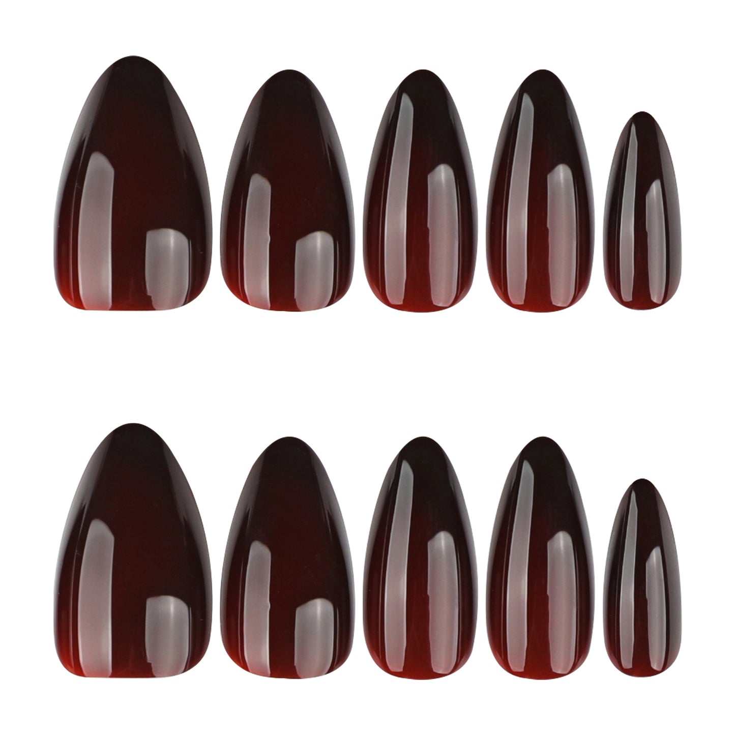 Mystical Moonlight Glossy Medium Almond Shaped Deep Red Press On Nail Set with Unique Gradient Shine