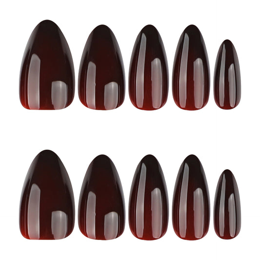 Mystical Moonlight Glossy Medium Almond Shaped Deep Red Press On Nail Set with Unique Gradient Shine