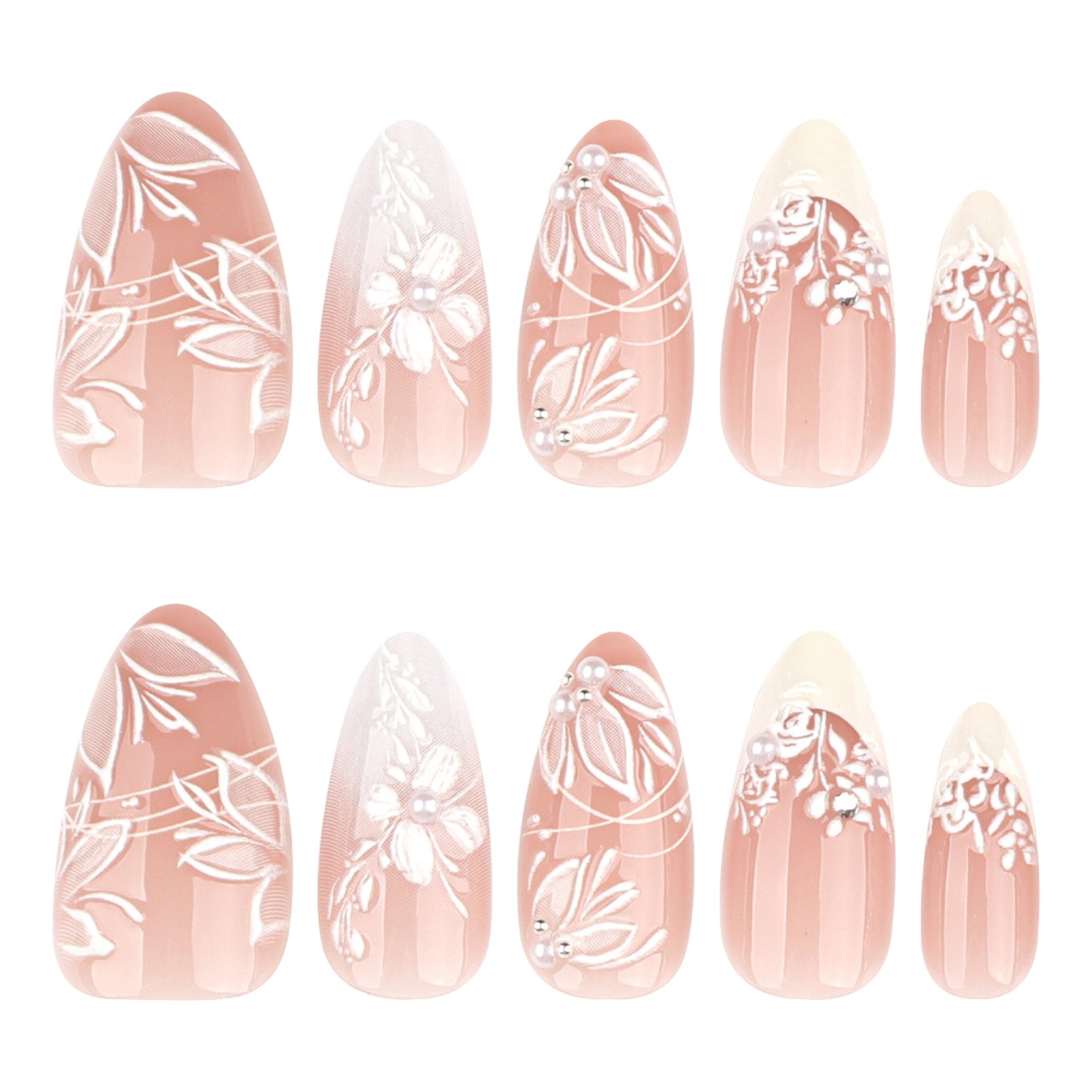 Charming Floral Dream Medium Almond Blush Press On Nail Set with Elegant White Designs and Pearl Accents