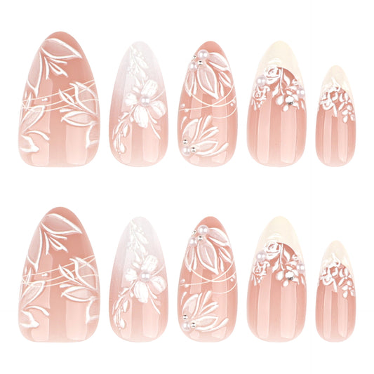 Charming Floral Dream Medium Almond Blush Press On Nail Set with Elegant White Designs and Pearl Accents