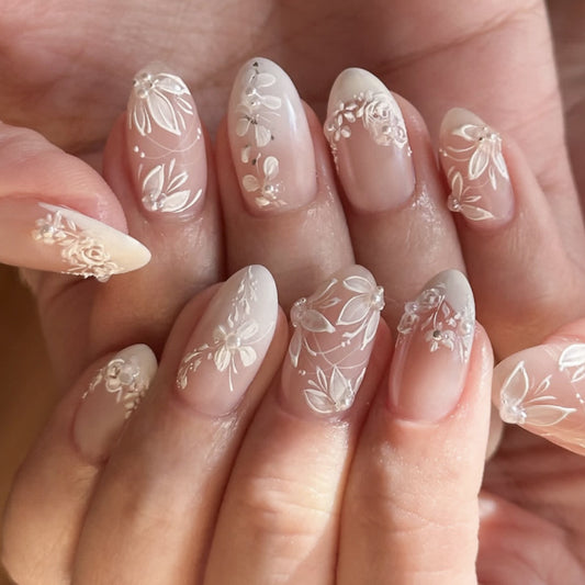 Whimsical Elegance Medium Almond Cream Floral Design Press On Nail Set