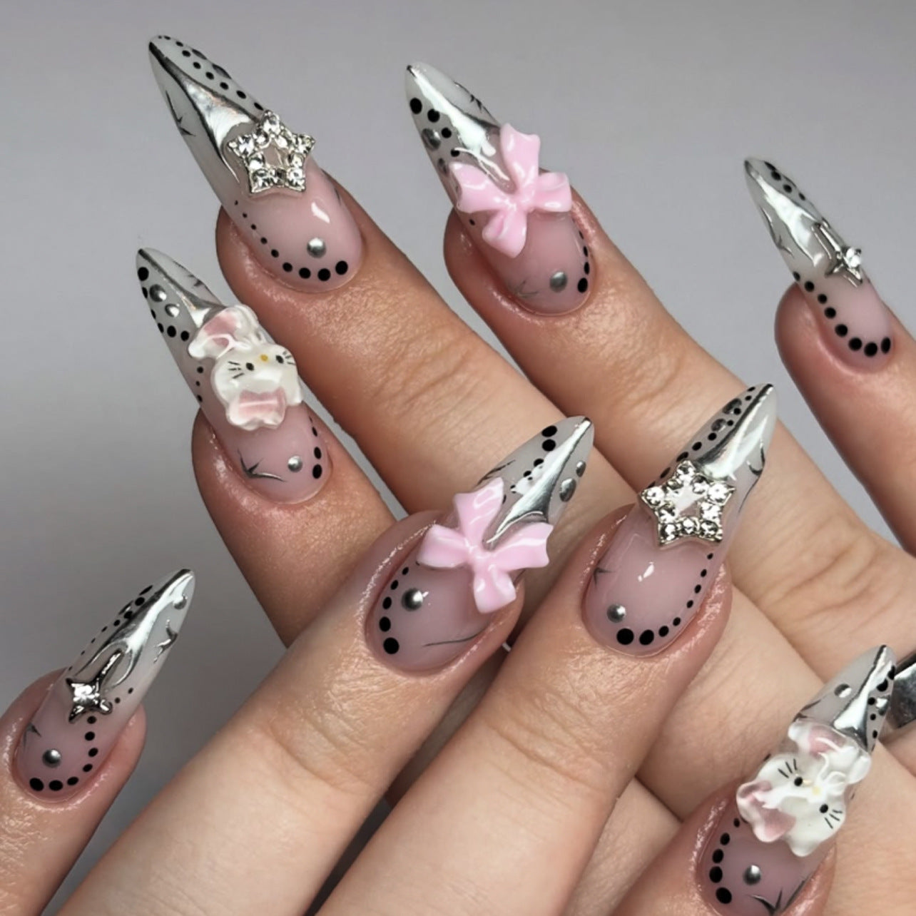 Charming Enchantment Long Stiletto Silver Pink Floral Press On Nail Set with Glittering Accent Details