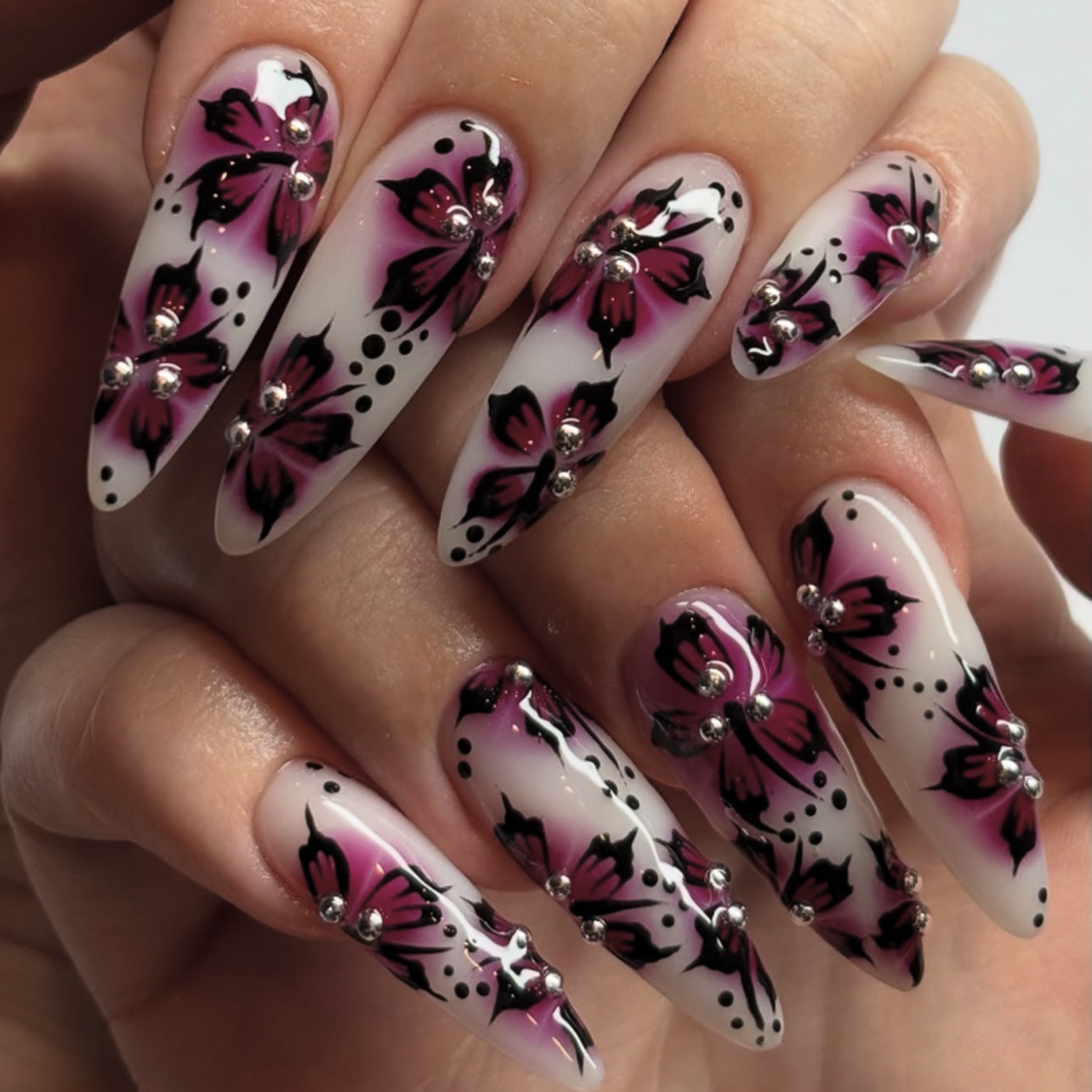 Blooming Elegance Long Stiletto Shaped Ombre White and Pink Press On Nail Set with Floral Rhinestone Accents