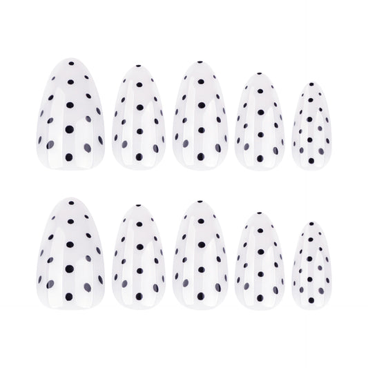 Vintage Chic Glossy White Medium Almond Press-On Nails with Classic Black Polka Dots