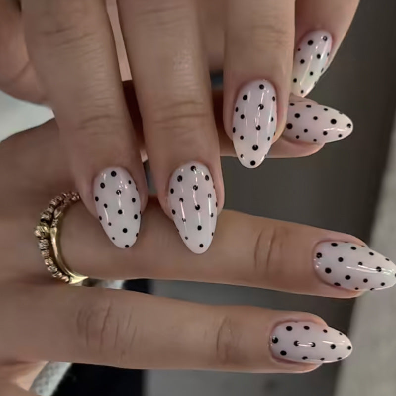 Chic Polka Dot Elegance Medium Almond White Nails with Glossy Black Dots