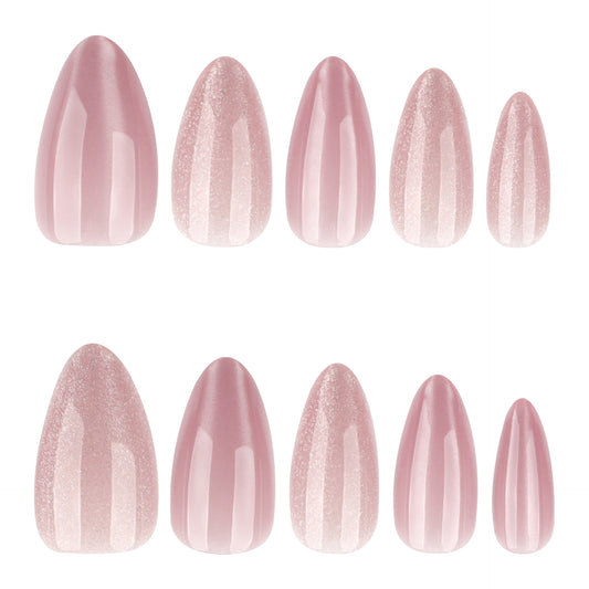 Dreamy Rose Blossom Medium Almond Shaped Shimmering Pink Press On Nail Set