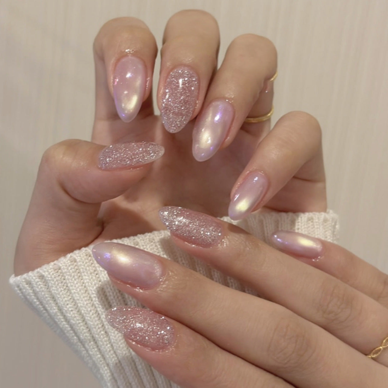 Sparkling Dreams Medium Almond Pink Glossy Nails with Iridescent Glitter Finish