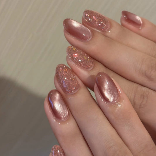 Glistening Rose Garden Medium Oval Long Lasting Pink Glitter Press-On Nail Set