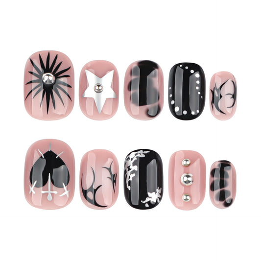 Mystical Night Charm Short Square Pink and Black Press On Nail Set with Unique Artistic Designs