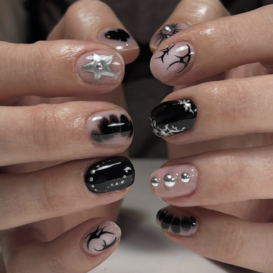 Mystical Moonlit Elegance Short Square Black and Neutral with Textured Accents Press on Nail Set