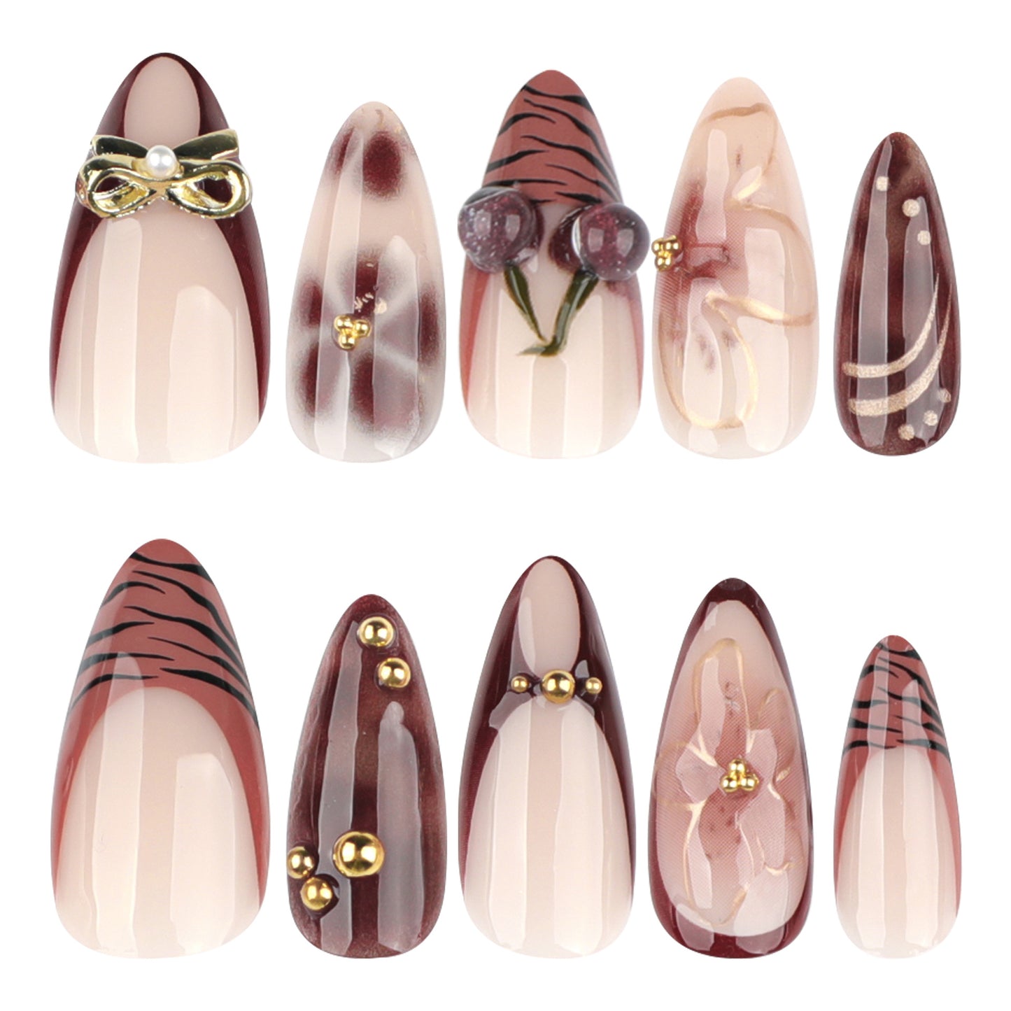 Chic Elegance Medium Almond Burgundy Nail Set with Unique Gold Accents and Artistic Floral Designs