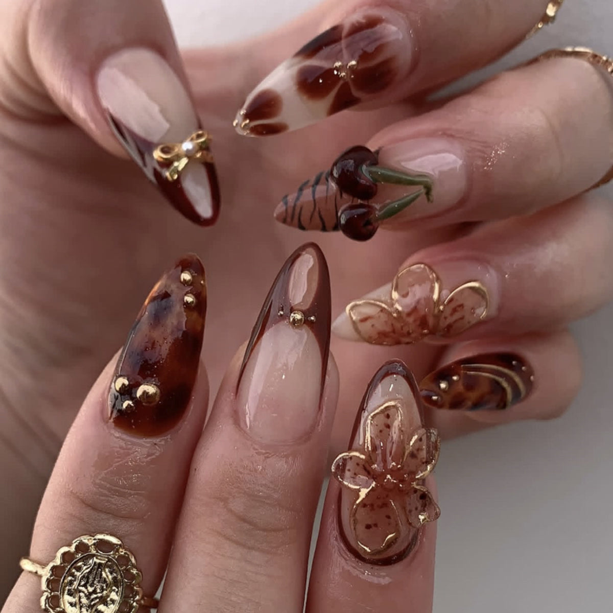 Autumn Elegance Long Stiletto Brown with Floral and Gem Accents Press On Nail Set