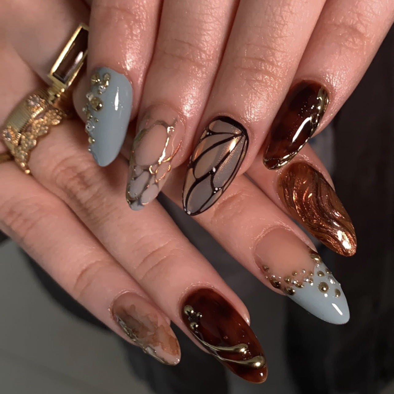 Elegant Autumn Inspiration Medium Almond Shaped Blue and Brown Press On Nail Set with Metallic Artistry