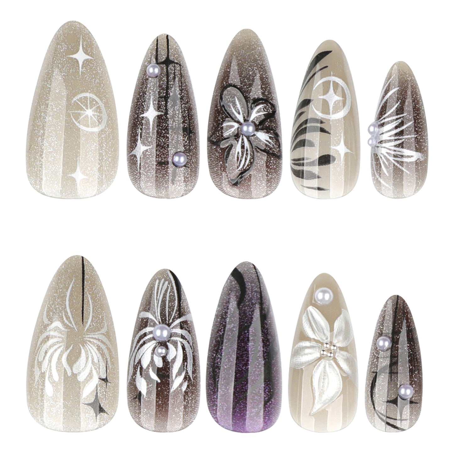 Elegant Night Sky Long Almond Shimmering Beige and Brown Floral Accent Press On Nail Set