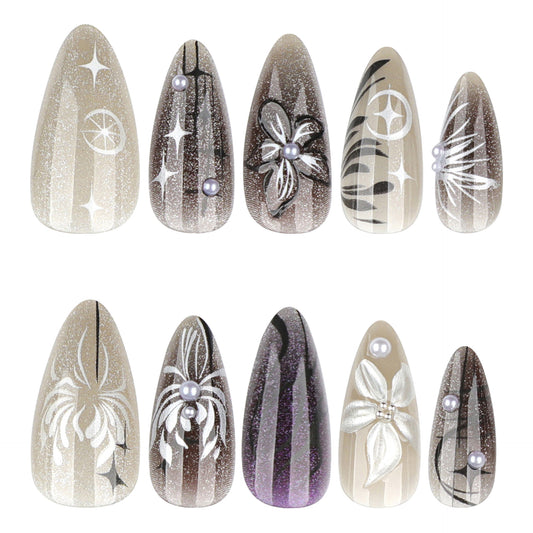 Elegant Night Sky Long Almond Shimmering Beige and Brown Floral Accent Press On Nail Set