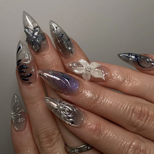 Starlit Elegance Long Stiletto Silver Ombre with Floral Accents Press On Nail Set