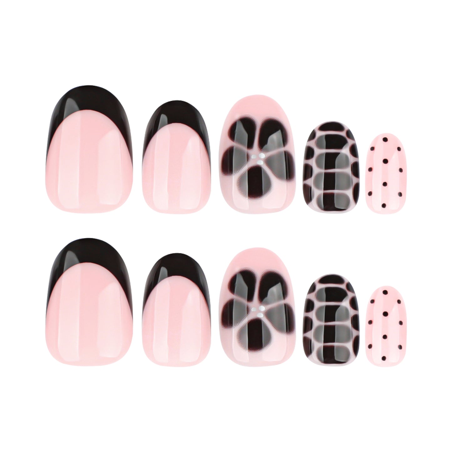 Chic Floral Essence Short Oval Pink and Black Press On Nail Set with Unique Pattern Designs