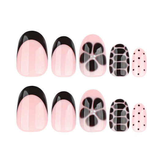 Chic Floral Essence Short Oval Pink and Black Press On Nail Set with Unique Pattern Designs