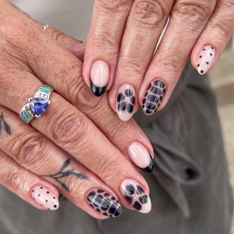 Chic Elegance Lengthy Short Oval Black and Beige Color Block Print Press On Nail Set