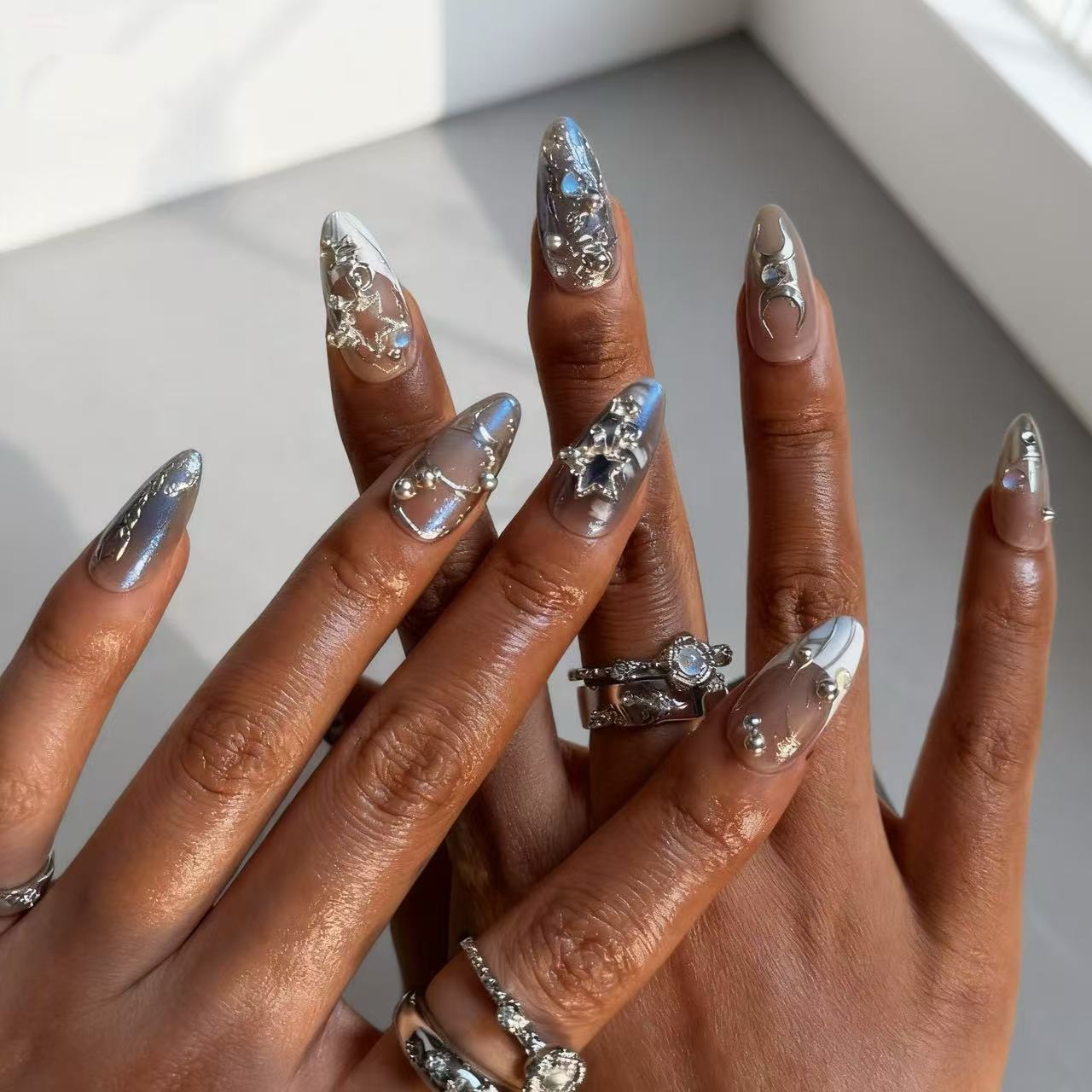 Celestial Dream Glossy Medium Almond Shaped Silver and Clear Press On Nail Set with Dazzling Gem Accents