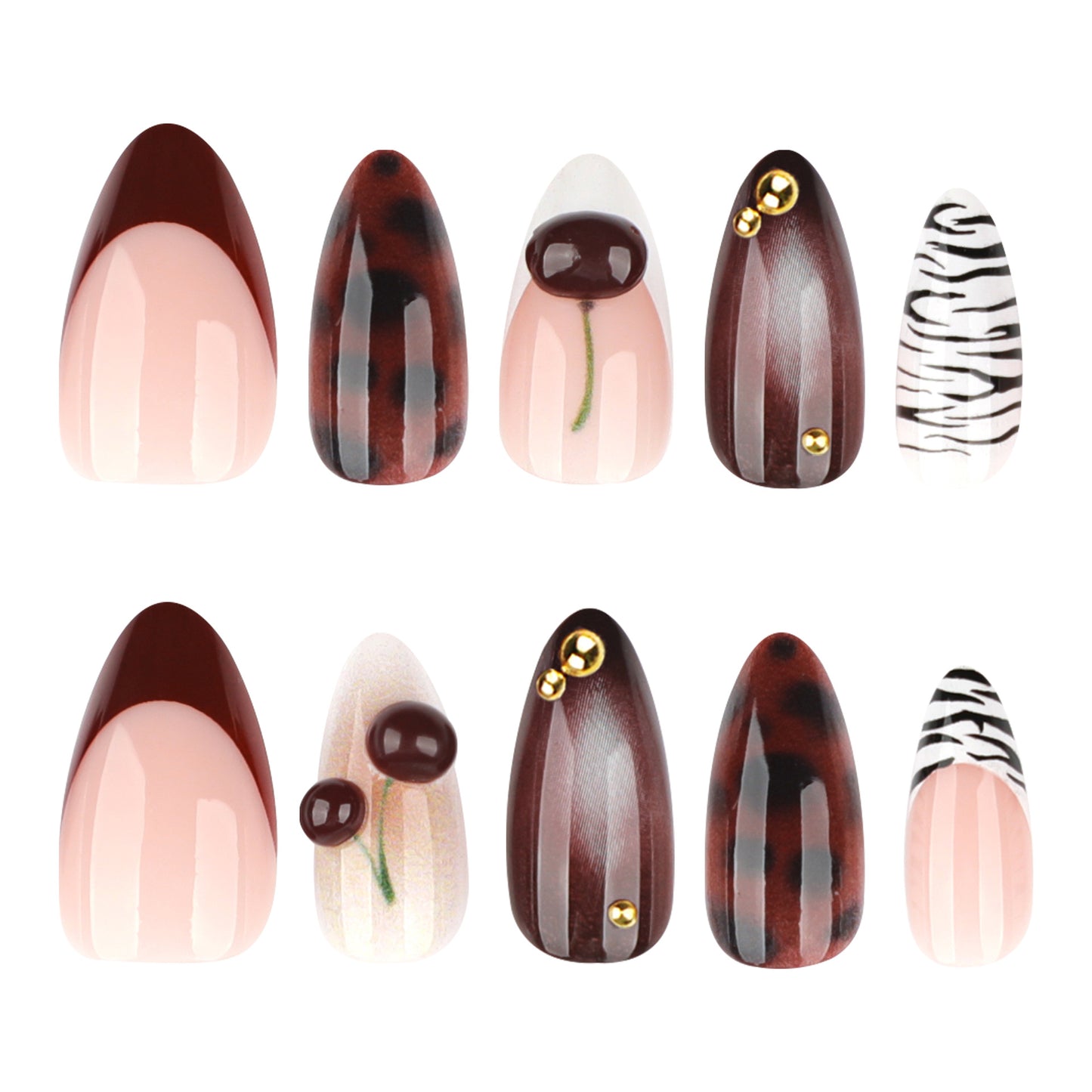 Chic Cherry Blossom Long Almond Shaped Burgundy and Beige Press On Nail Set with Striking Zebra Patterns and Glamorous Gold Accents