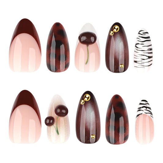 Chic Cherry Blossom Long Almond Shaped Burgundy and Beige Press On Nail Set with Striking Zebra Patterns and Glamorous Gold Accents