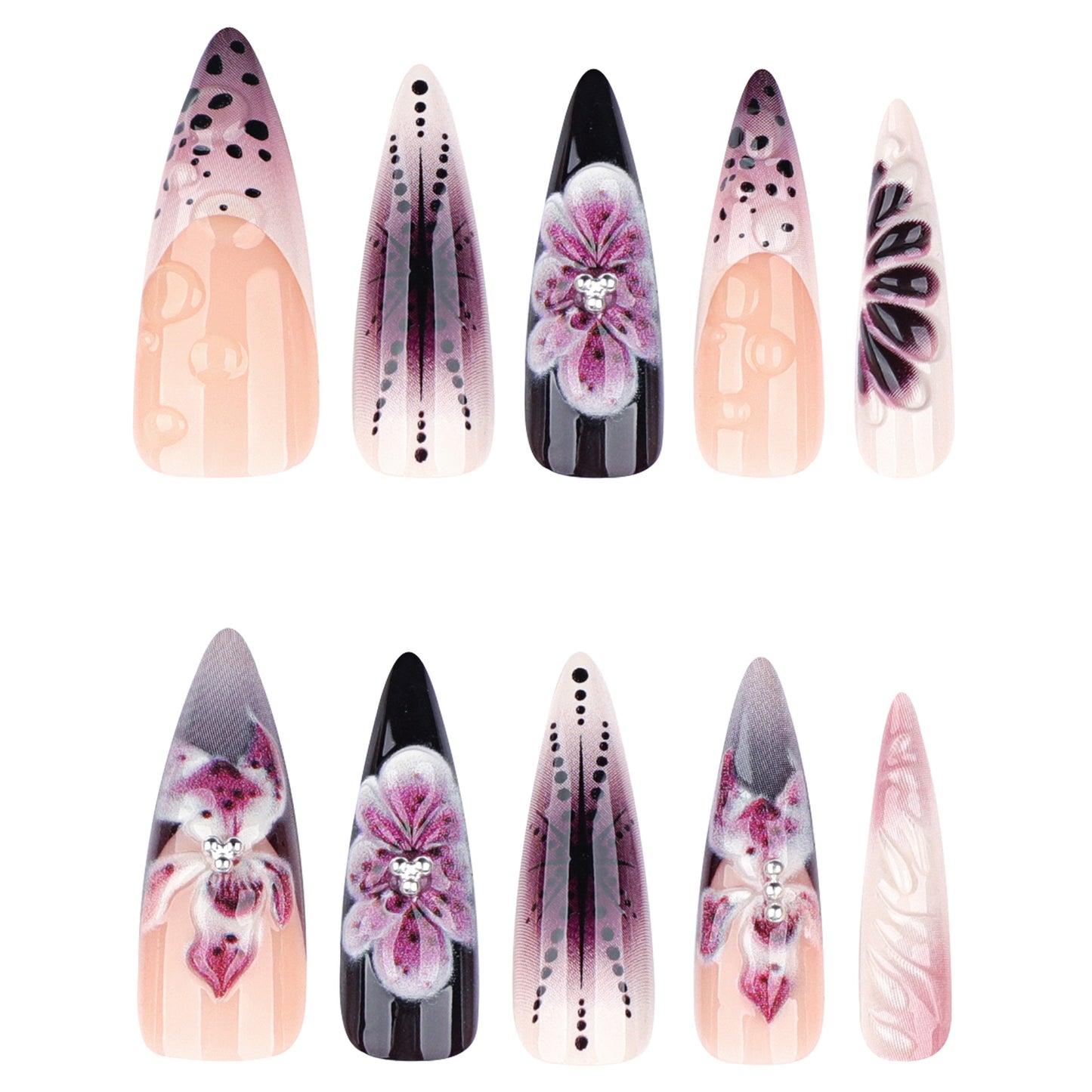 Whimsical Floral Fantasy Long Stiletto Ombre Pink and Black with Unique Gemstone Accents Press On Nail Set
