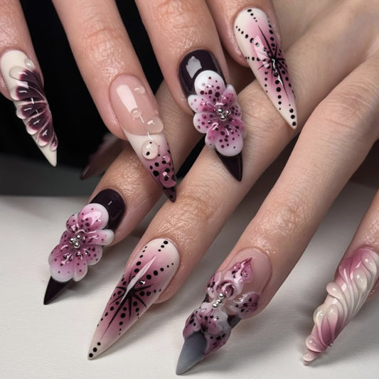 Inspired Elegance Extra Long Stiletto Purple Ombre Floral Design Press On Nail Set