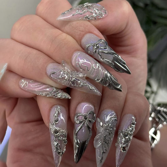 Enchanting Elegance Long Stiletto Transparent with Metallic Floral Accents Press-On Nail Set