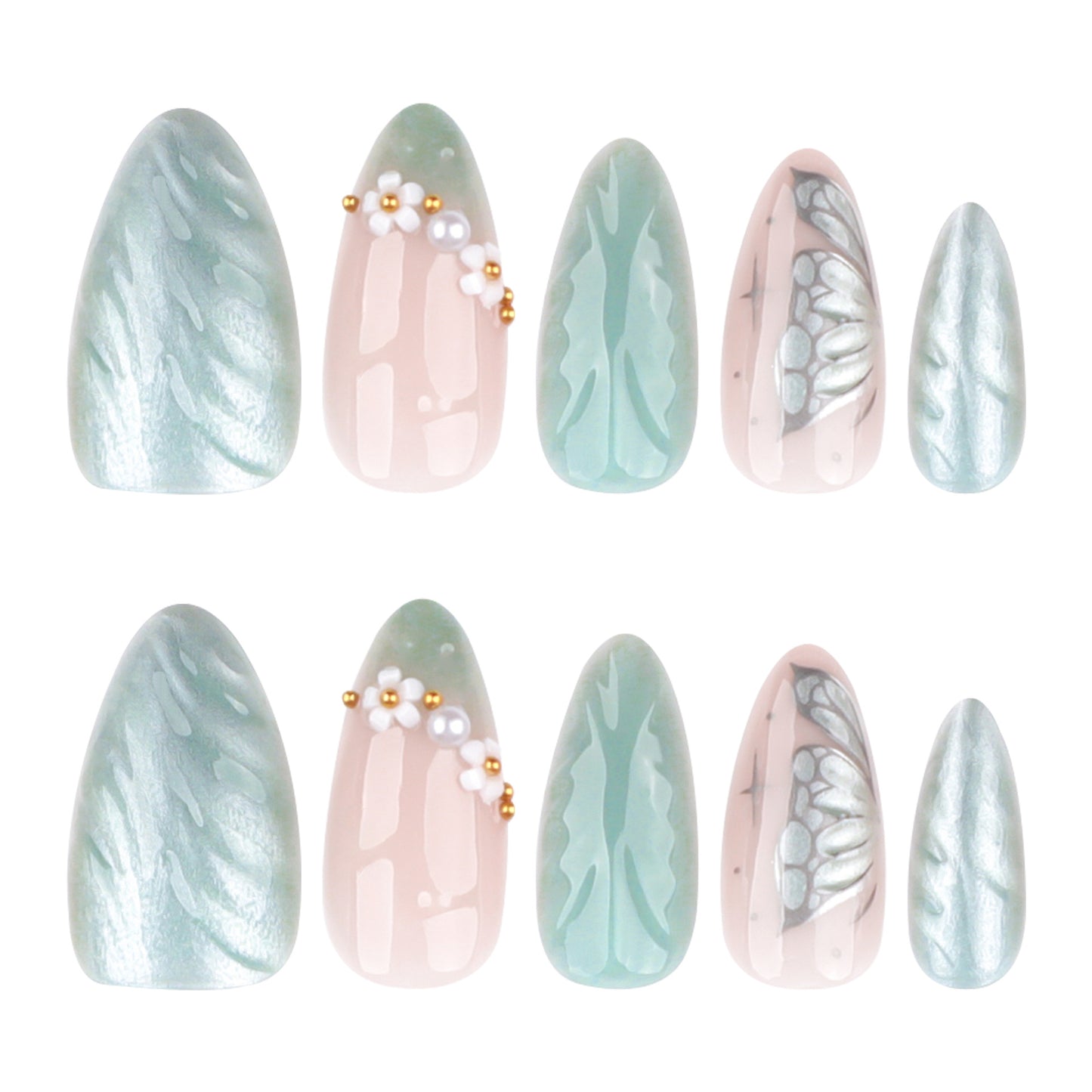 Enchanted Forest Medium Almond Mint Green and Soft Pink Floral Accent Press-On Nail Set