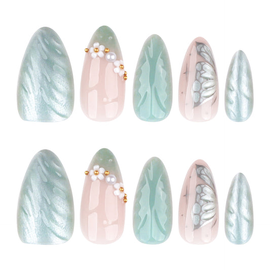 Enchanted Forest Medium Almond Mint Green and Soft Pink Floral Accent Press-On Nail Set