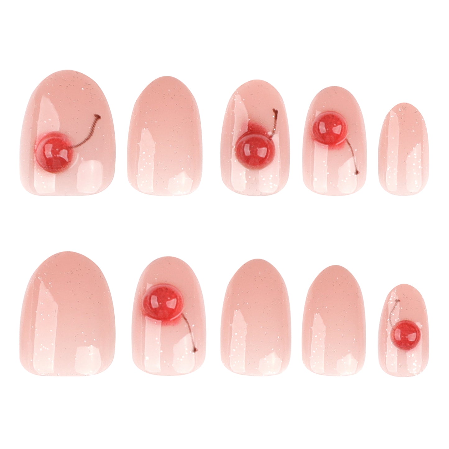 Cherry Blossom Dream Press On Nail Set in Soft Pink Short Round Shape with Dazzling Cherry Accent